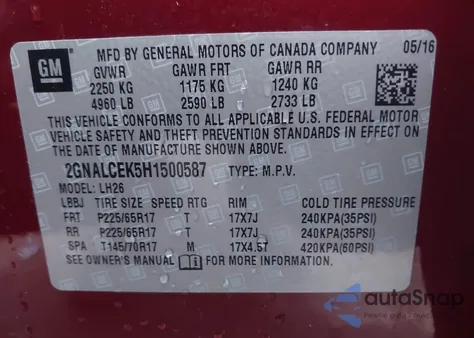 2017 Chevrolet Equinox Lt z USA, uszkodzony, nr VIN 2GNALCEK5H1500587